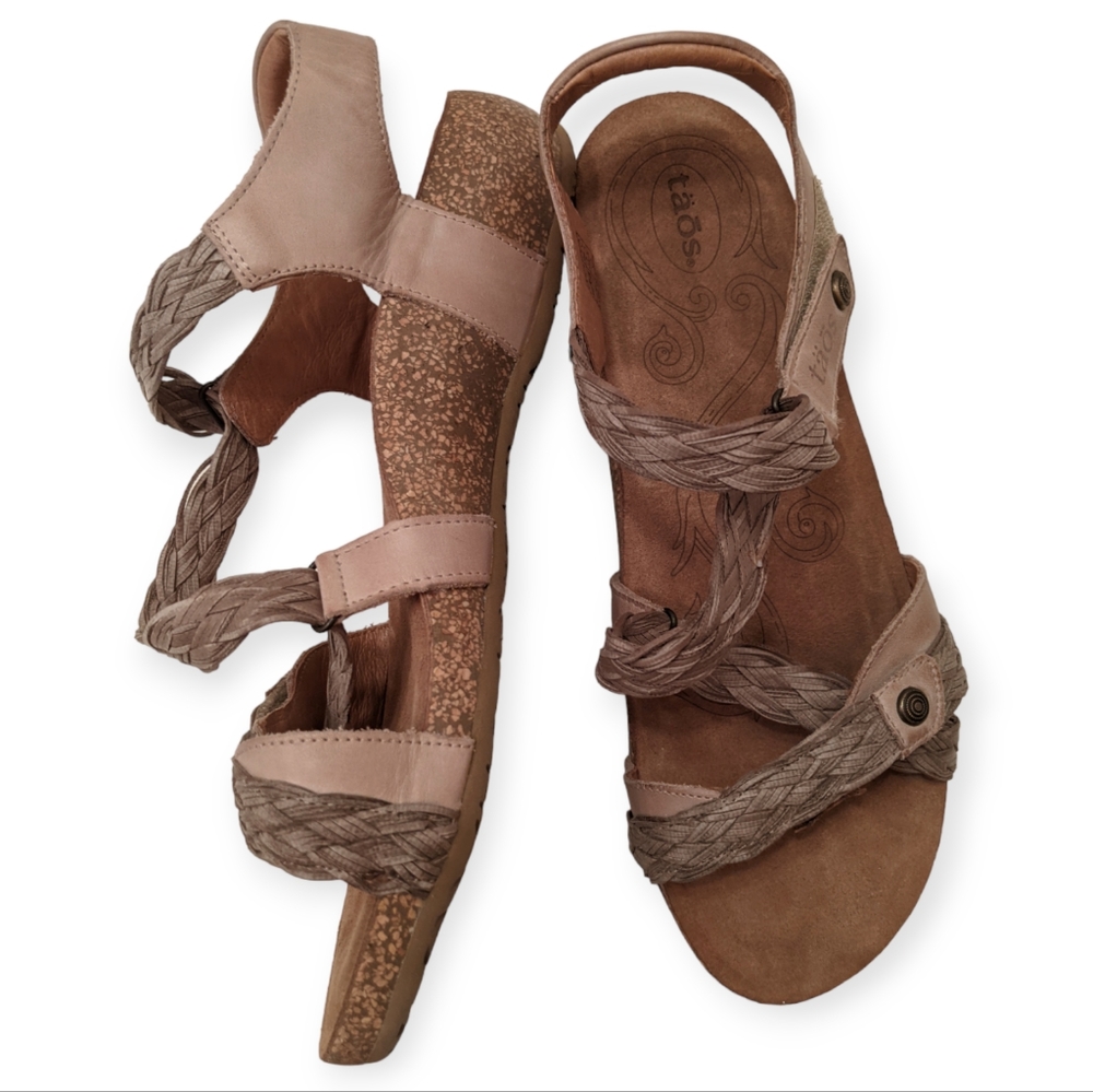 Taos braided leather orthotic comfort sandal. Low wedge, taupe sz 11